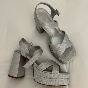 Dream Pairs Silver Glitter Platform Block Heel Sandals